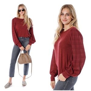 Sanctuary Wonderland Mixed Media Knit Long Sleeve Top in Dark Cherry Size Large
